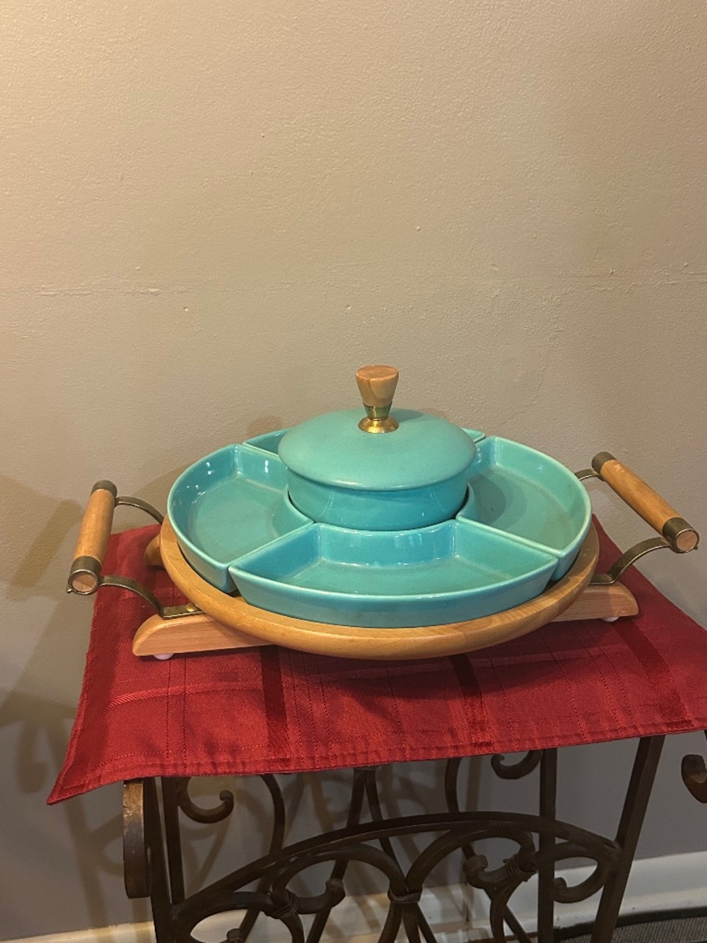 Vintage MCM Pottery Ceramic Condiment Snack Tray Server Wooden Lazy Susan